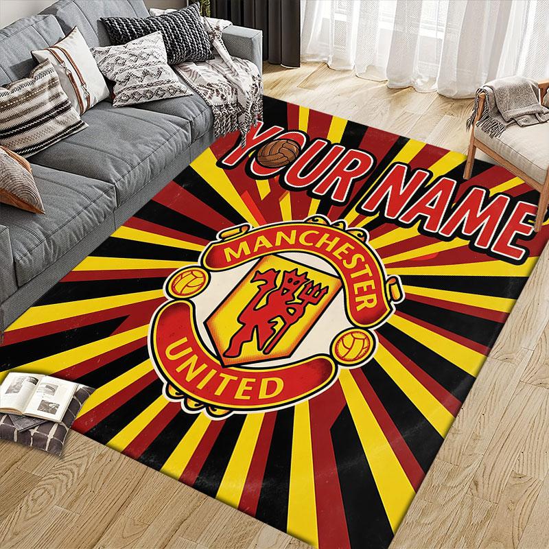 Custom Name,Manchester United FC Home Sofa Decoration for Living Room & Bedroom, Non‑Slip Play Flannel Floor Mat for Game Room