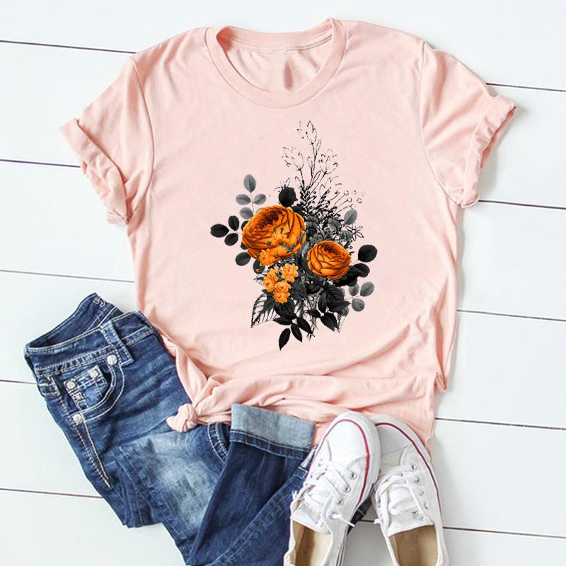 (Азиатский размер) Женская футболка с милым цветочным принтом и короткими рукавами, женская одежда, летняя модная повседневная футболка с графическим принтом