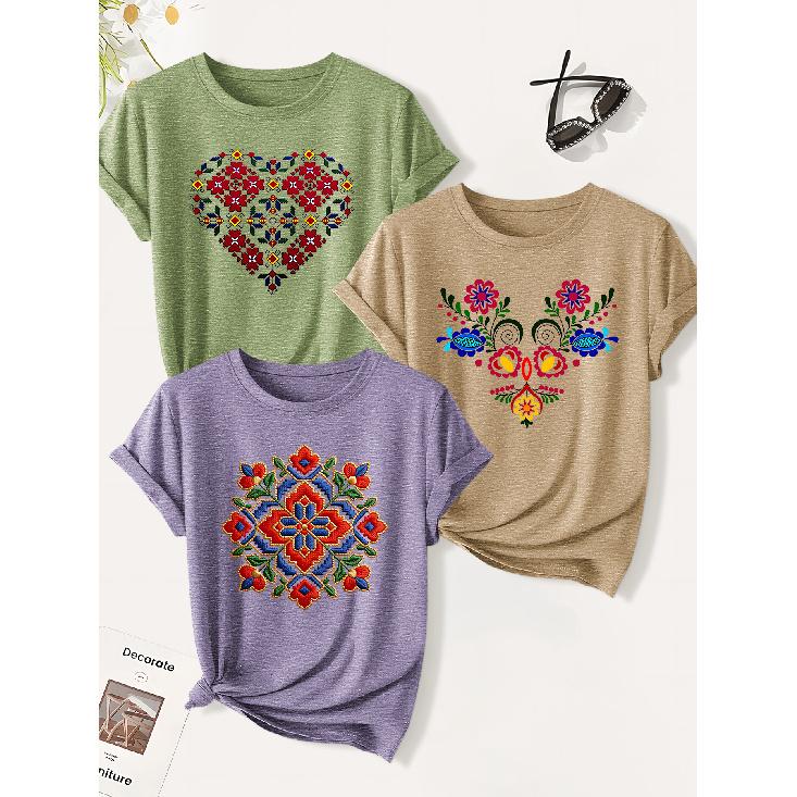 3 Pack of women's summer tops | Heart-shaped floral ethnic print T Shirt | Cute and trendy casual round-neck short-sleeve suit | 2026 Summer vintage