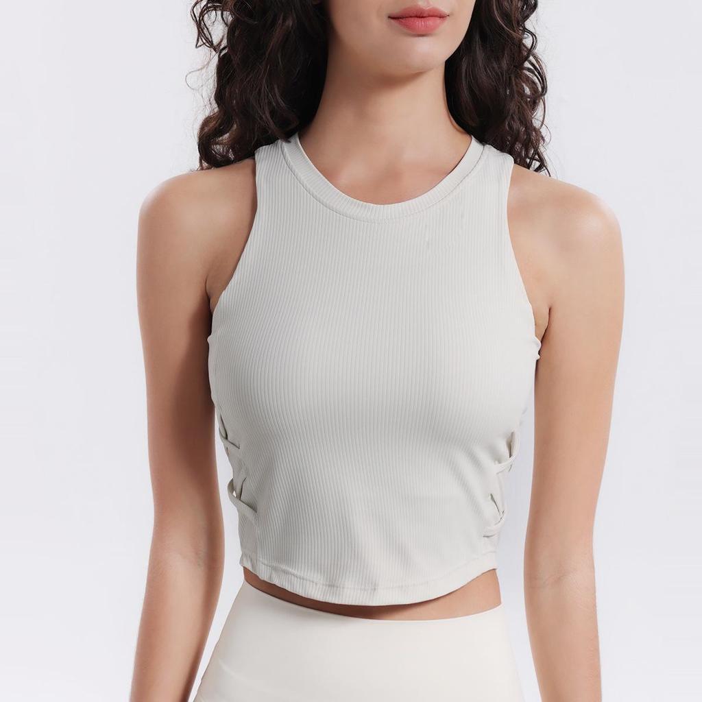 Autumn 2024 Lulu Yoga Vest with Side Waist Crisscross, High Elasticity, Moisture-Wicking, and Padded Sports Bra.