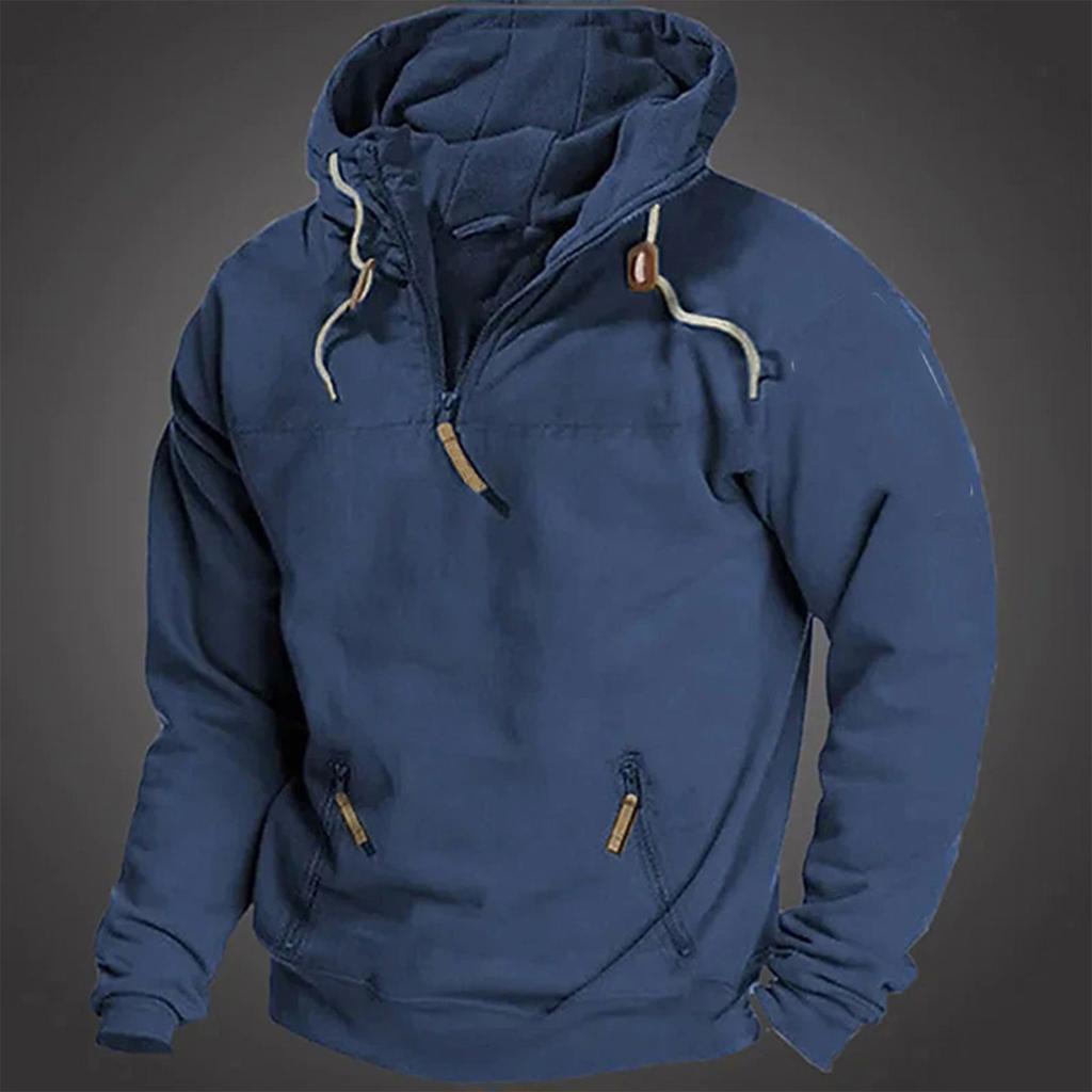 Men's Hooded Solid Color Sweater, European And American Youth Sports Multi Pocket Patch Leather Sweater Jacket