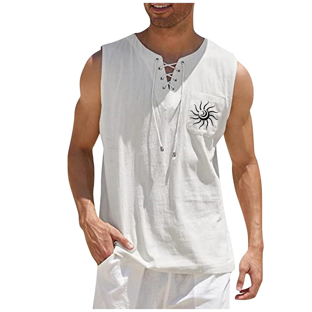 Мужские повседневные свободные хлопковые льняные рубашки с принтом, блузка, жилет без рукавов, пляжные рубашки, топы