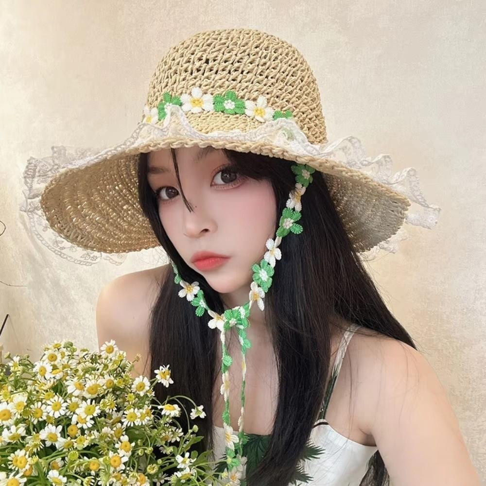 Wide Brim Women Visor Bucket Hat Breathable Beach Hat Flower Straw Hat Seaside Vacation