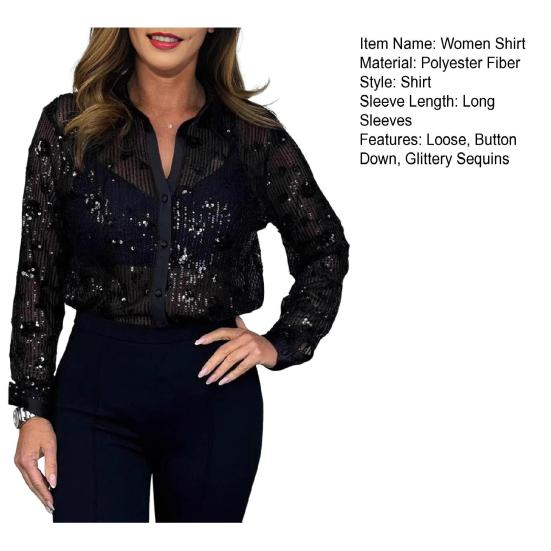 Женская рубашка с воротником из пайеток, рубашка с длинным рукавом и пуговицами, блестящая свободная блузка, топ для вечеринок, клубов, баров, повседневной носки