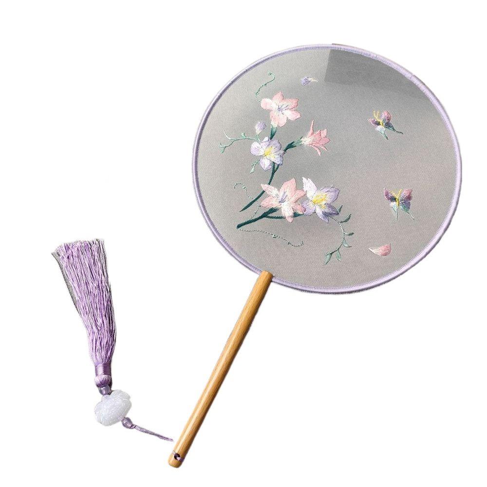 Round Double Sided Embroidery Fan Chinese Style Flower Silk Fan Vintage Hanfu Hand Fan for Guests