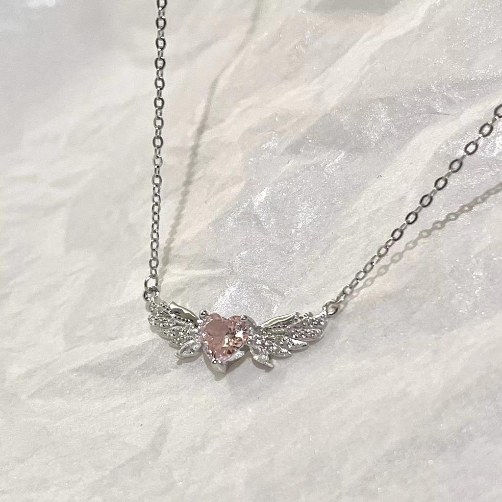Ожерелье с розовыми бриллиантами и крыльями ангела для женщин, легкое, роскошное, нишевое, дизайн, женская мода, стиль Ins, изысканная, подарочная цепочка на ключицу