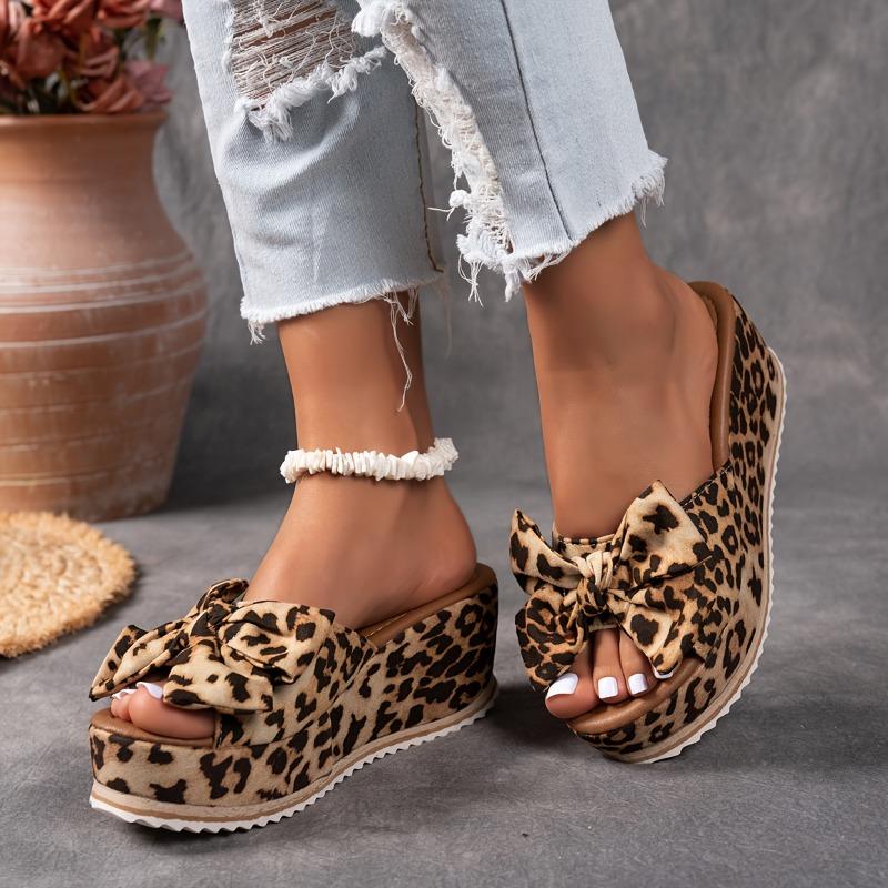 Women'S Stylish Leopard Print Wedge Sandals with Bow Detail - Non-Slip EVA Sole,High Heel Platform Shoes for Casual Wear, Casual Footwear Leopard
