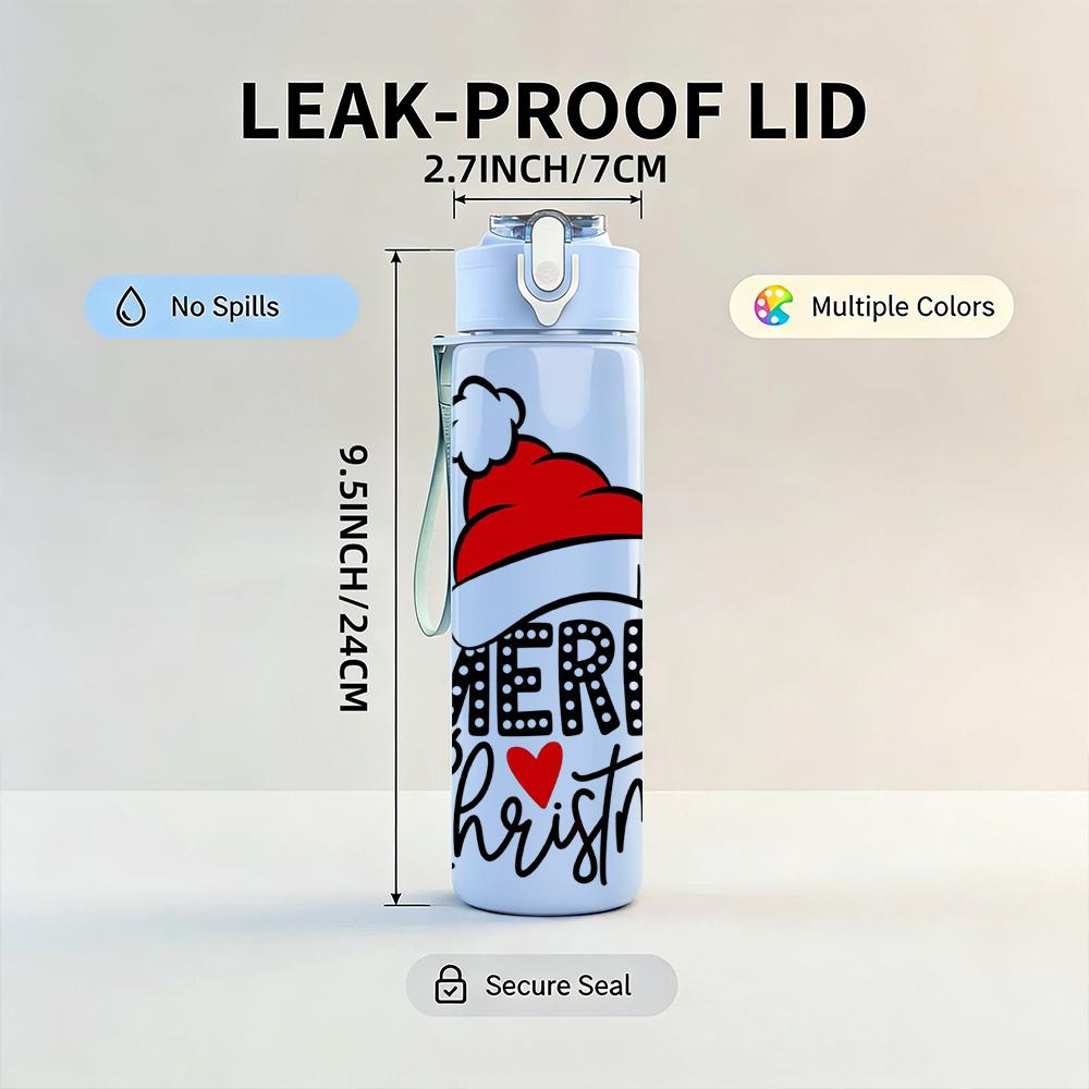 1PC Merry Christmas Santa Hat Graphic,750ml Color Plastic Sports Water Bottle,Leakproof Flip Straw Lid,Suitable for Sports Office Home Use