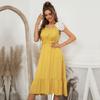 Spring Summer Solid Long Dress Women Casual A-line V-Neck Short Sleeve Hight Waist Ruffles Slim Lace Patchwork S-XL