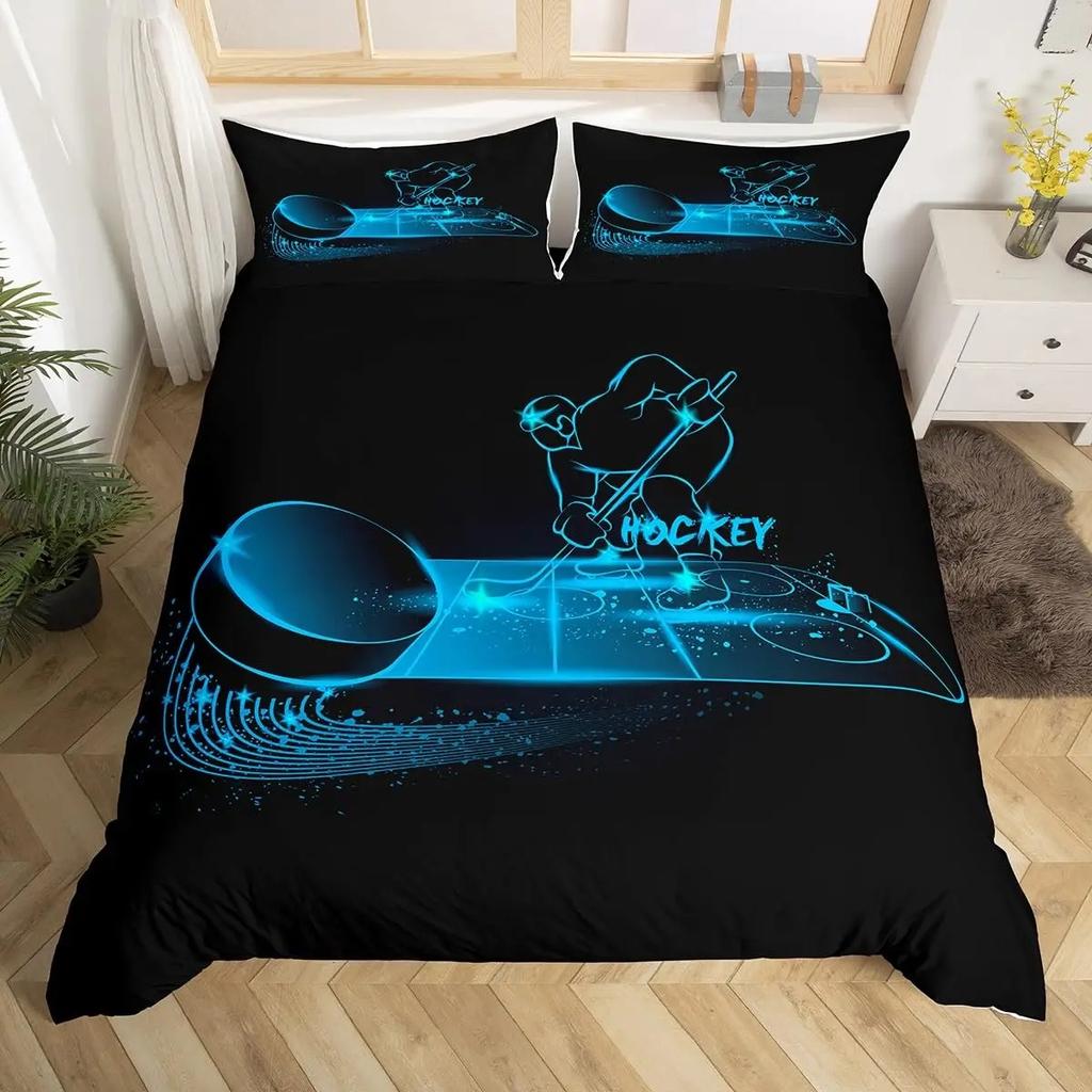 Ice Hockey Duvet Cover Helmet Skates Comforter Cover Winter Ice Sports Games Bedding Set for Boys Puck Hockey Player Quilt Cover
