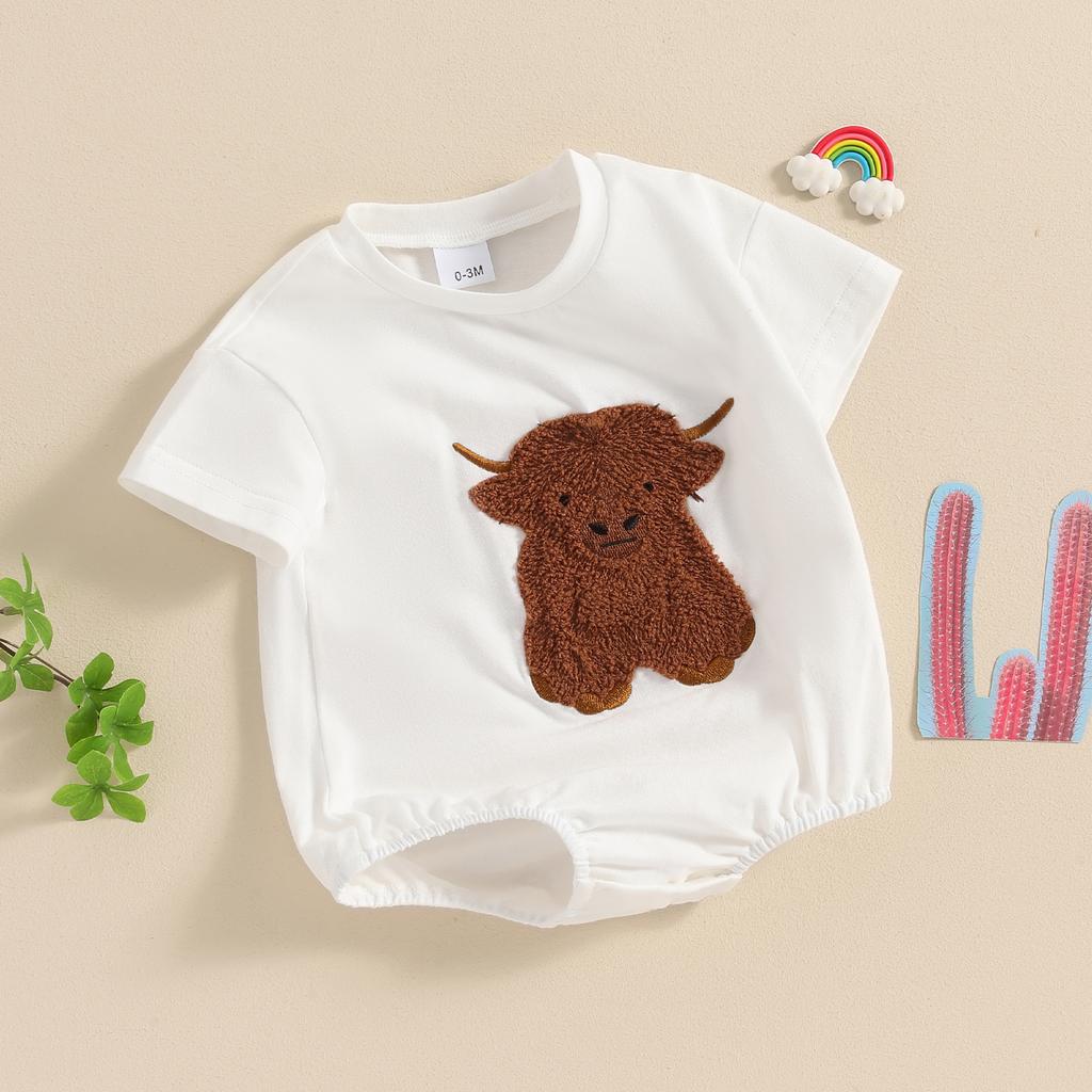 Baby Summer Romper Highland Cow Embroidery Short Sleeve Newborn Jumpsuit for Toddler Boy Girls Cute Clothes