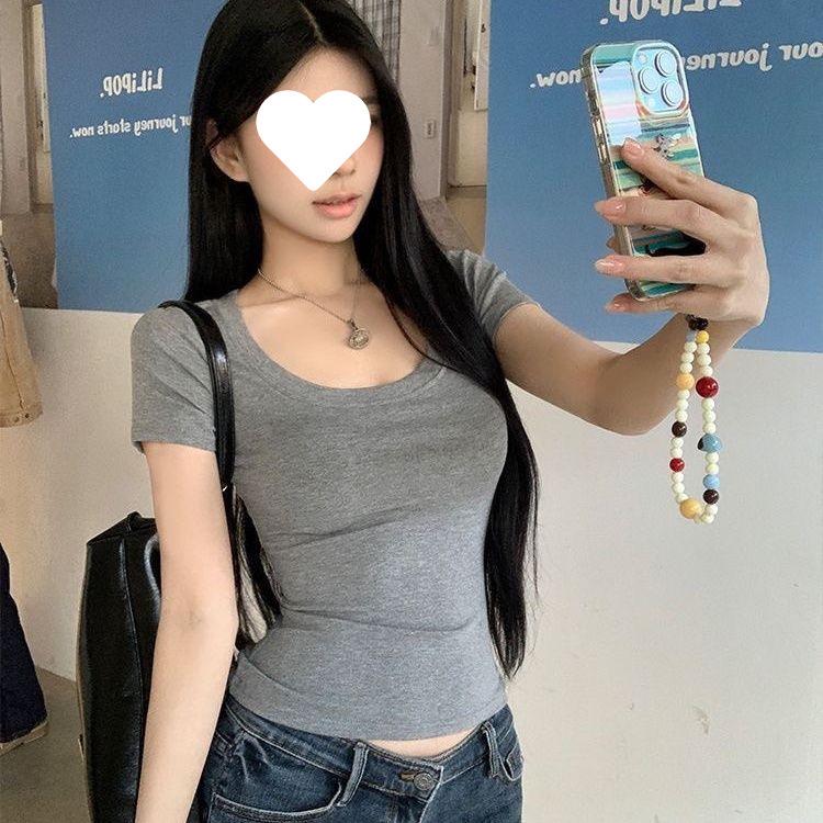 Женская летняя футболка 2025 года из чистого хлопка, приталенная, с коротким рукавом и U-образным вырезом