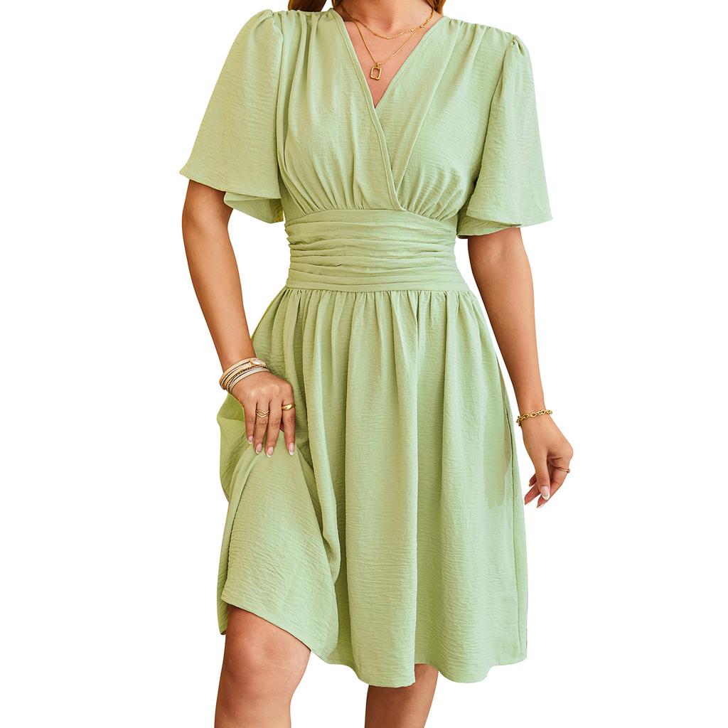 Women Midi Dress Solid Color Short Sleeve V-Neck Dress Summer Fashion Casual A-line Dress