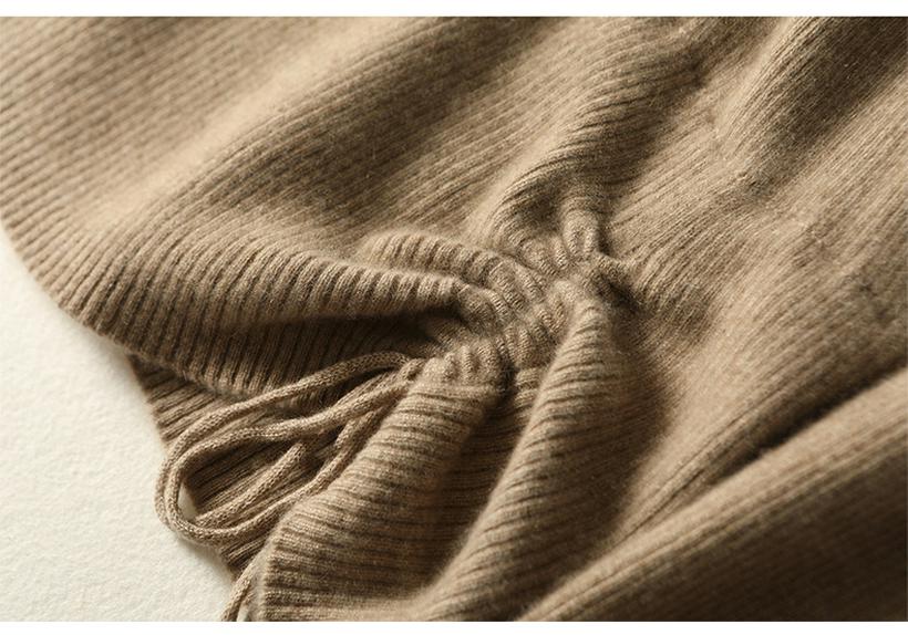 Women's Elegant V-Neck Wool Sweater: Autumn/Winter Fashion Long Sleeve Knitwear with Drawstring.