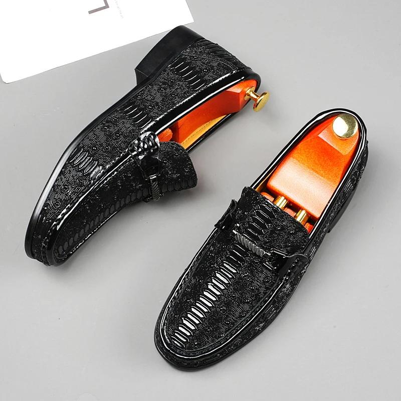 Мужские туфли с крокодиловым узором, мужские лоферы из натуральной кожи, туфли-лодочки, мужские брендовые туфли, мокасины в стиле ретро для вождения на плоской подошве
