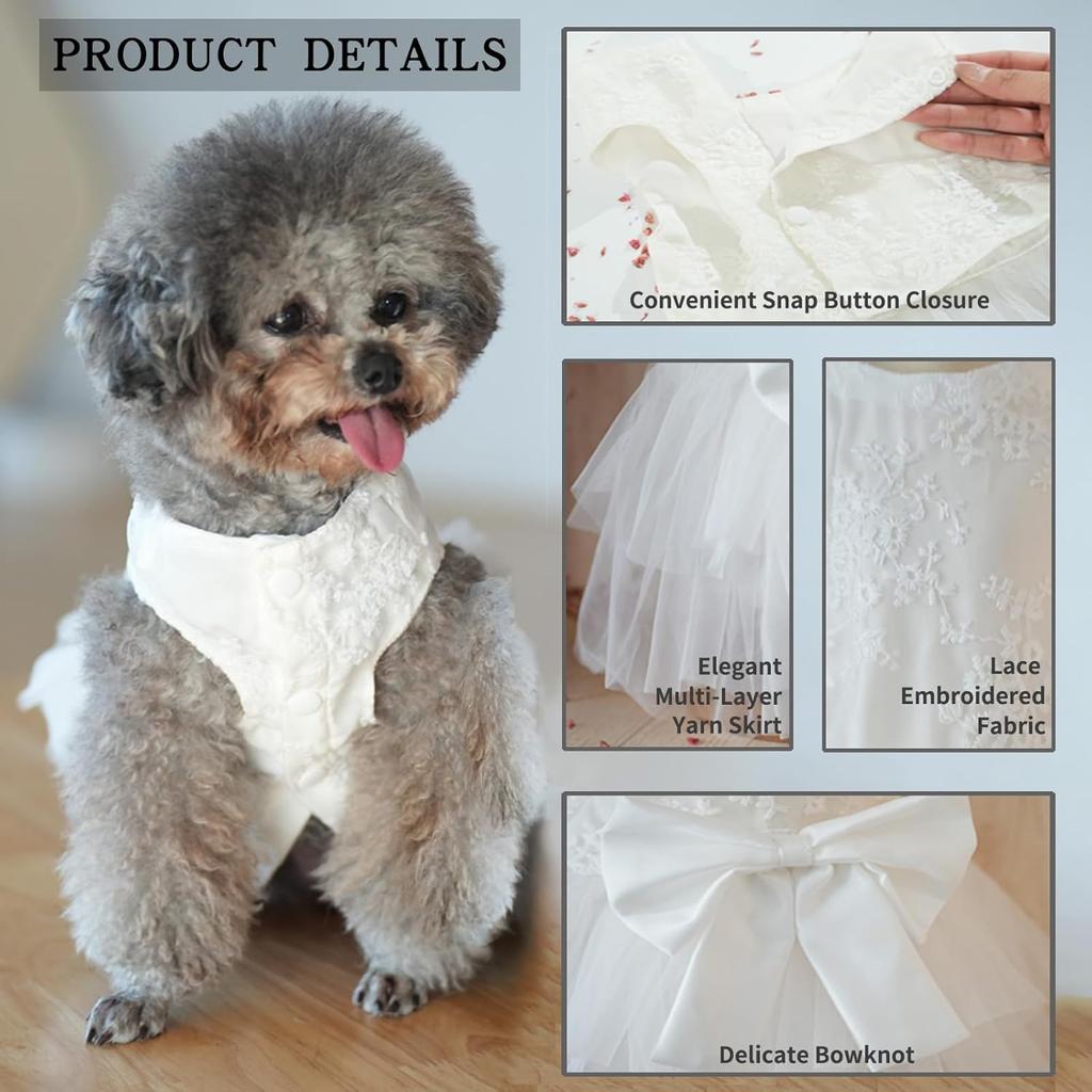 Dog Dress,Pet Wedding Dress Princess Formal Tutu Skirt with Bowknot,Puppy Birthday Party Outfit Apparel Girl for Small Dogs Cats (White Lace,