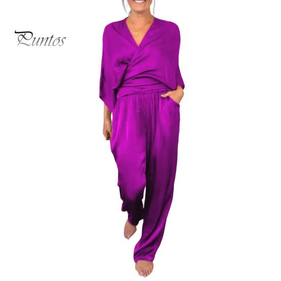 Женский комплект из 2 предметов: топ, брюки, V-образный вырез, длинные рукава, блузка с перекрещивающимися бретелями, высокая талия, плиссированные широкие брюки, формальный наряд для поездок на работу на весну и лето