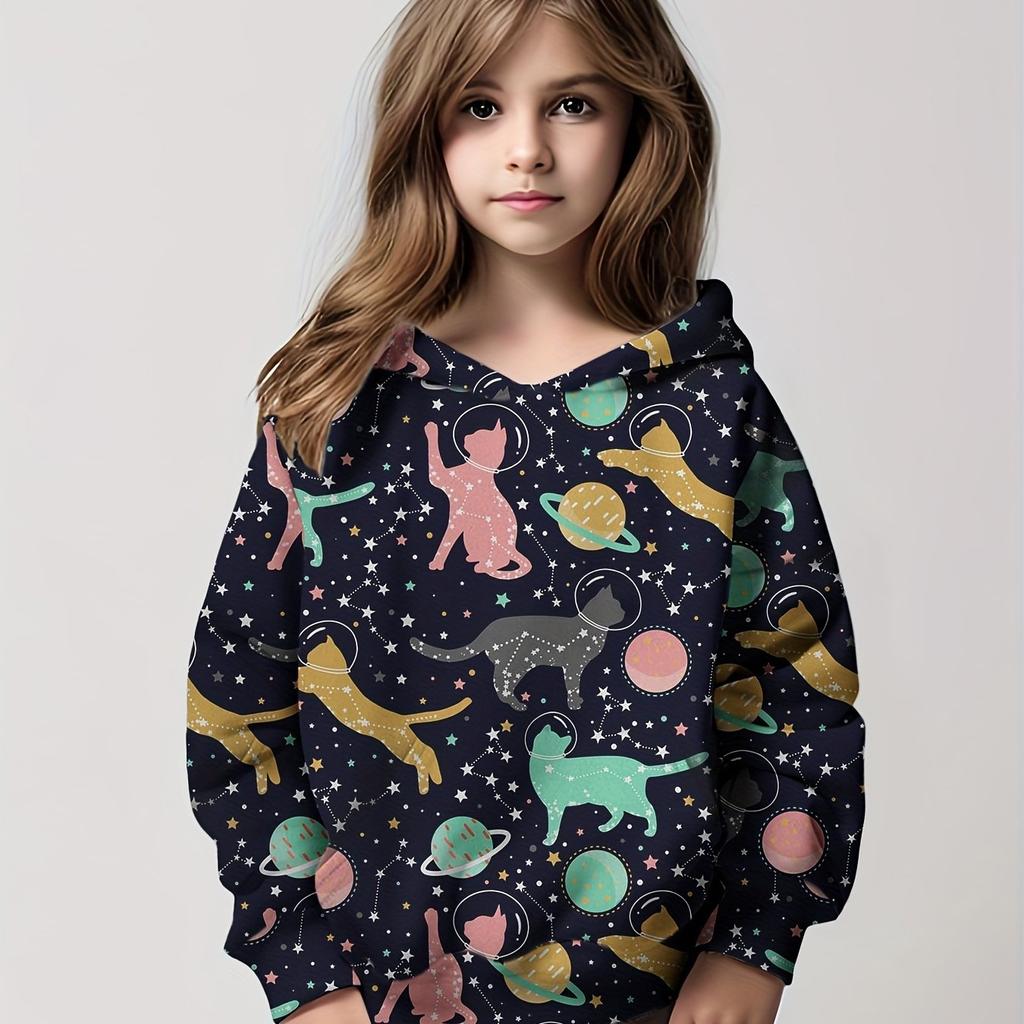 Супермягкая толстовка с капюшоном и принтом кота для девочек, повседневная, модная, идеальная, для осени/зимы, уличная, мультяшная, сезонная, обязательная вещь