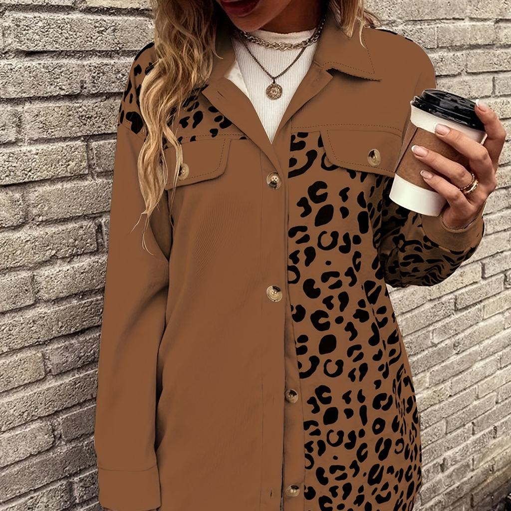 GMXIA Women's Vintage Casual Single-Breasted Leopard Print Autumn Winter Long Sleeve POLO Neck Loose Jackets & Coats