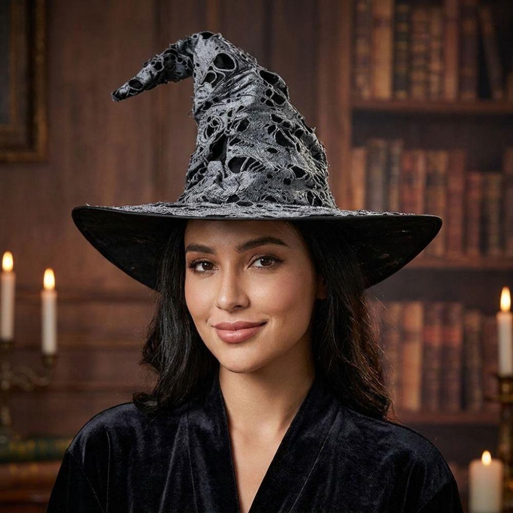 Large Wide Brim Ripped Tattered Witch Hat Tall Pointed Cone Top Pointed Mage Hat  Halloween Party