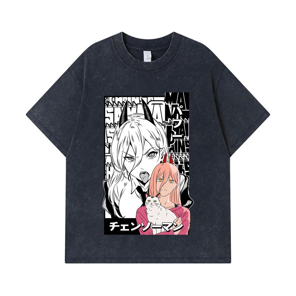 275 GSM Washed T-shirts 100% Cotton Chainsaw Man V57 Power Print Unisex Heavy Cotton T Shirt