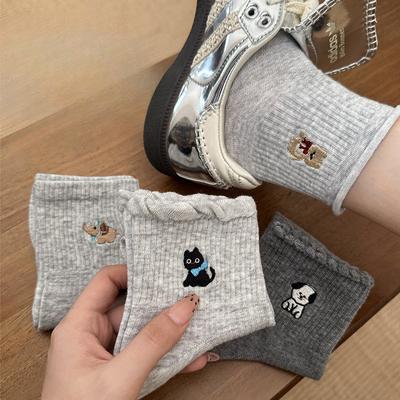Женские летние новые хлопковые однотонные спортивные носки с вышивкой и кружевом в виде милых животных