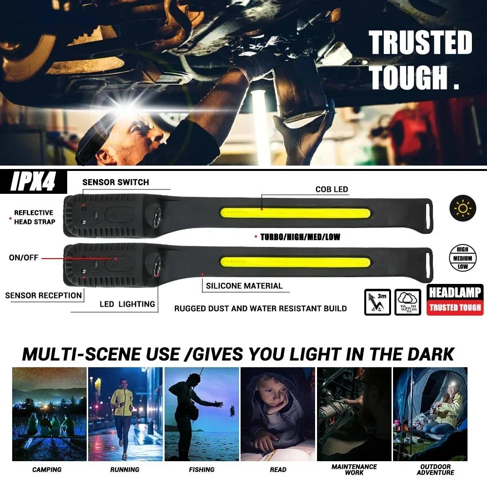Индукционный налобный фонарь COB LED Сенсорный налобный фонарь Фонарик со встроенным аккумулятором USB Перезаряжаемый налобный фонарь 5 режимов освещения Фара