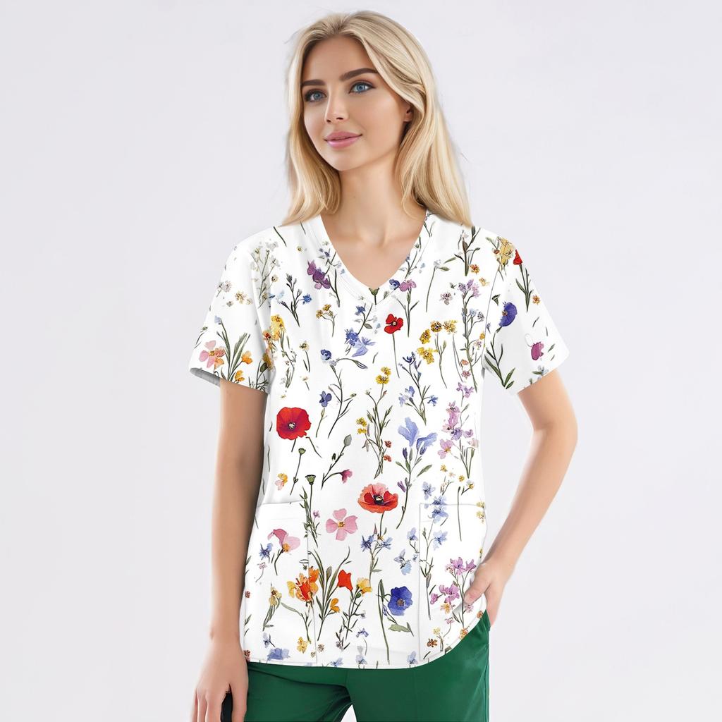 Рабочая форма больших размеров с принтом, топы для женщин, забавные футболки с v-образным вырезом и короткими рукавами, рабочая одежда, футболка с карманами