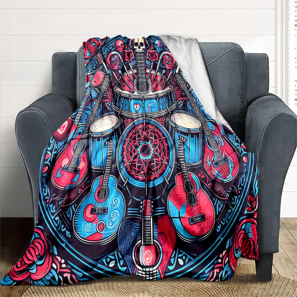 1pc Guitar Skull Lightweight Flannel Blanket, Comfortable and Warm Blanket, for Office and Camping Sofa Bed, Livingroom134