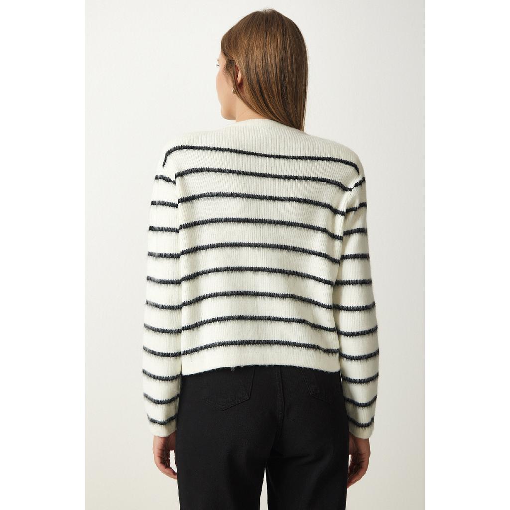 Женский костяной черный стильный трикотажный кардиган в полоску на пуговицах Pf00051