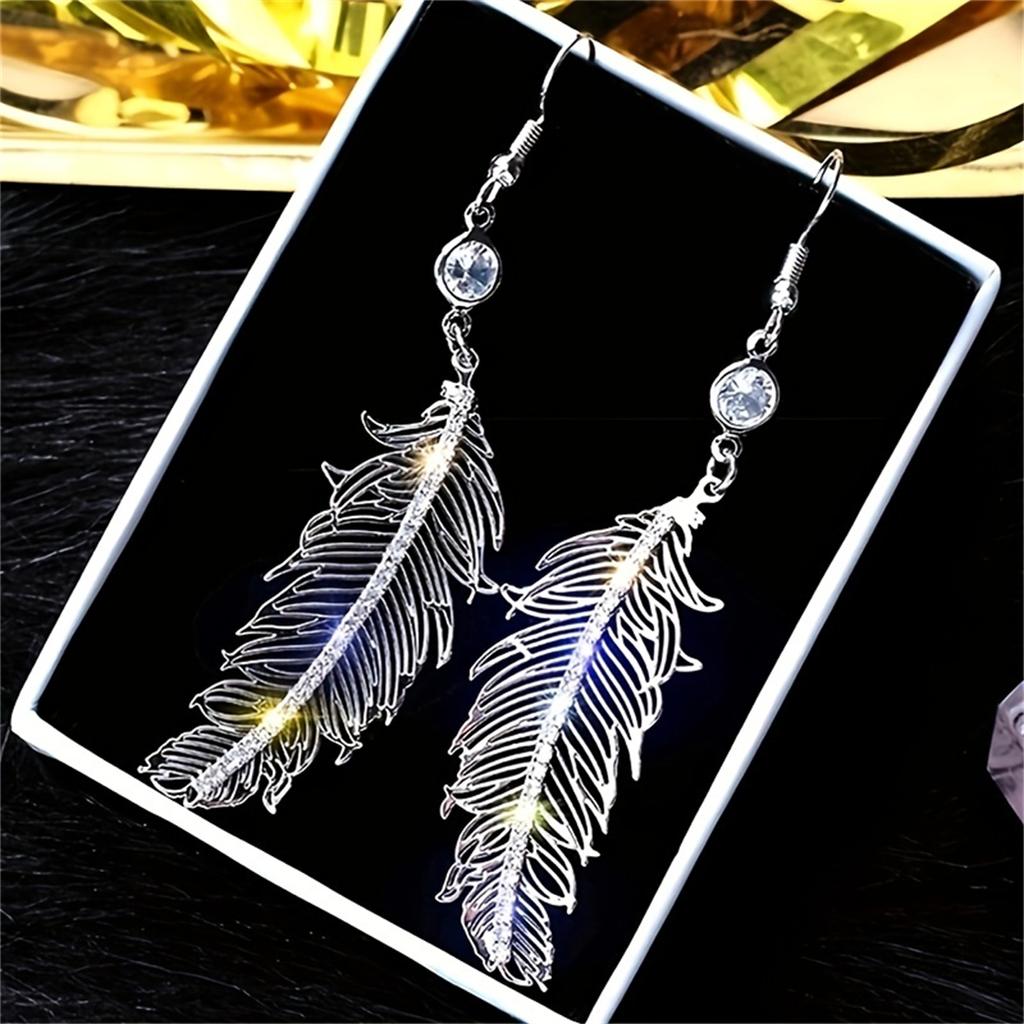 Elegant Long Feather Earrings Crystal Dangle Earrings Wedding Engagement Ear Jewelry Gift