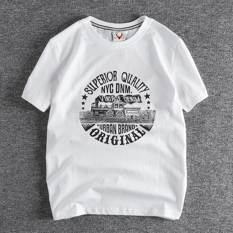 Ретро Американская Футболка с Коротким Рукавом Мотоциклетный Принт 100% Хлопок Повседневная Спортивная Мужская Модная и Простая