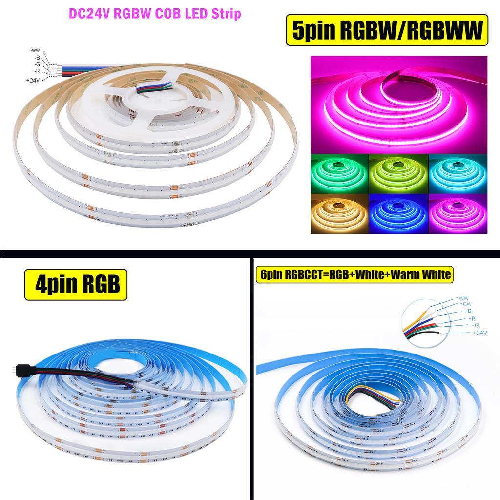 Светодиодная лента COB 12В 24В Высокой плотности Без точек RGB RGBW RGBCCT Сменная Гибкая лента для домашнего декора