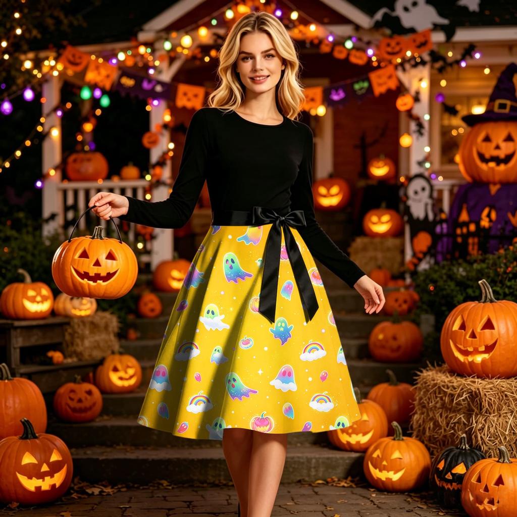 Women Round Neck Halloween Print Dress Long Sleeve Casual Style A Line Dress with Waist Tie for Holiday Party