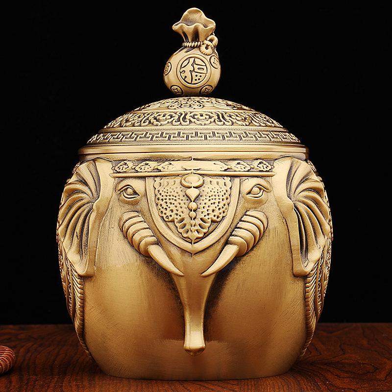 Brass Elephant Tea Can Cai Elephant Tea Can with Lid Lucky Bag Rice Tank Cornucopia Living Room Tea Desktop Pure Copper Ornament