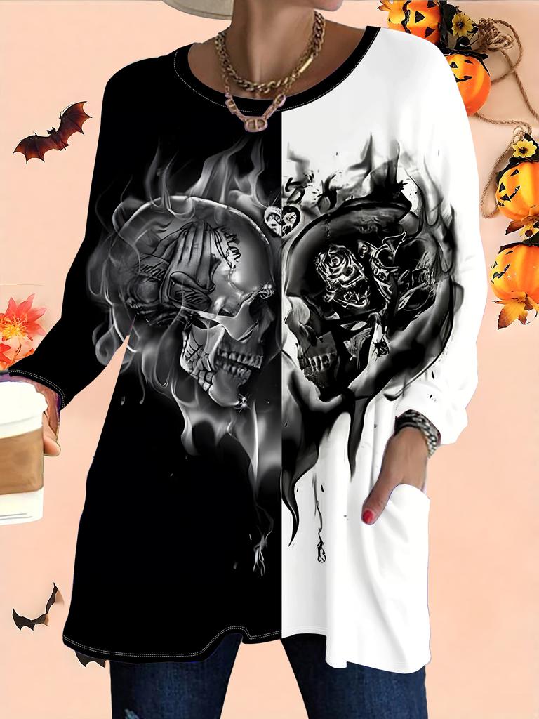 2025 Autumn Winter New Plus Size Women's Tops, Halloween 3D Print Fashion Crew Neck Long Sleeve T-Shirts
