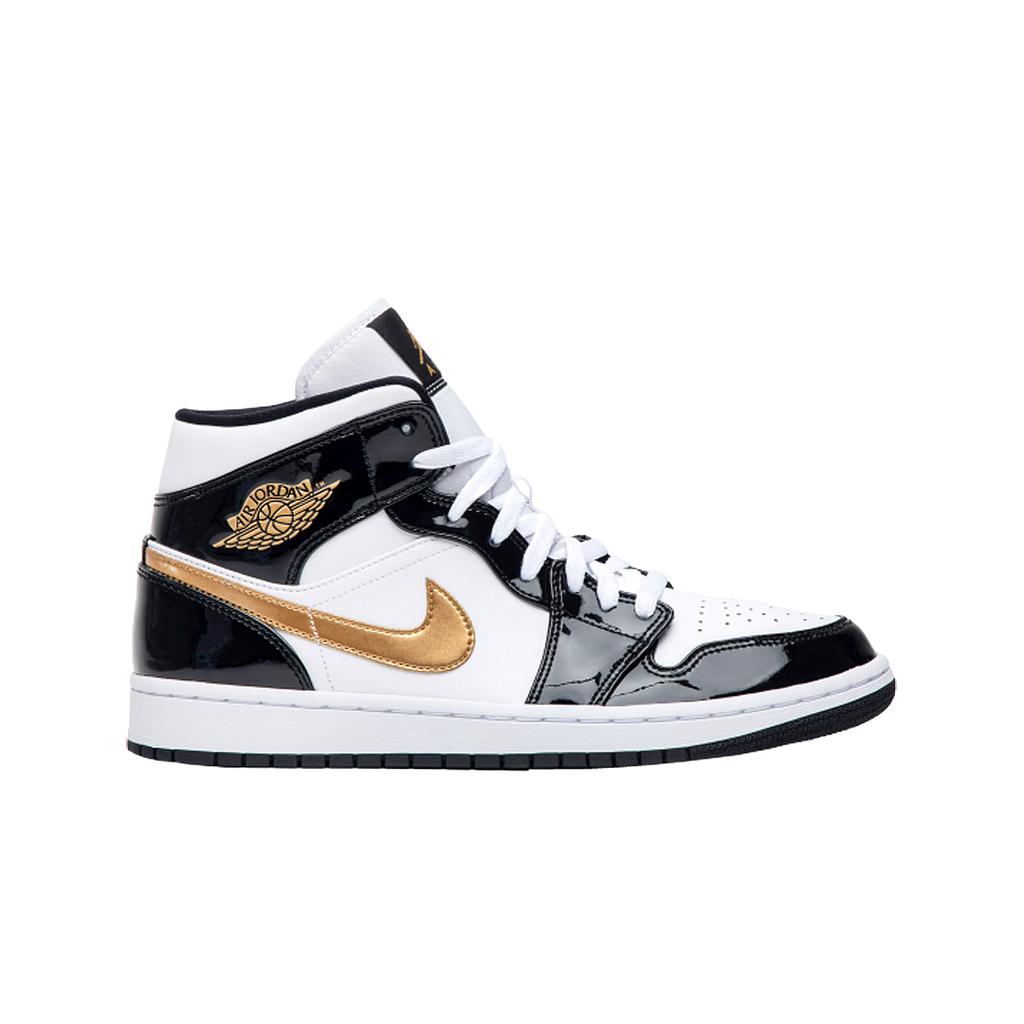 Jordan 1 средний лакированный черный белое золото