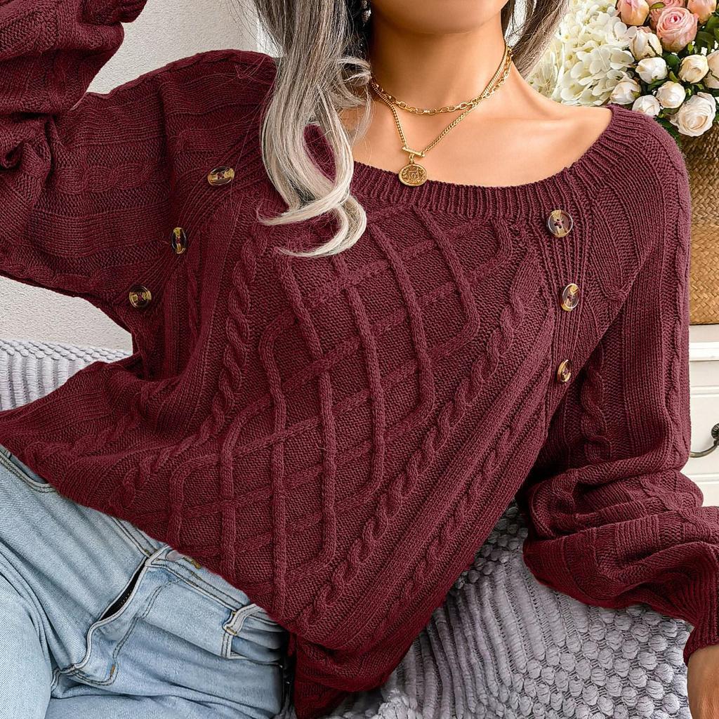 Женский осенне-зимний повседневный вязаный пуловер с квадратным вырезом и пуговицами из жареного теста