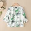 ZANZEA Women Casual Round Neck Summer 3/4 Sleeve Loose Print Blouse