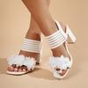 Fashion Woman Sandals Mesh Elastic Strap Square Toe Sandals Slip On Thick Heeled Dress Party Shoes Woman Flower High Heel Sandals Women