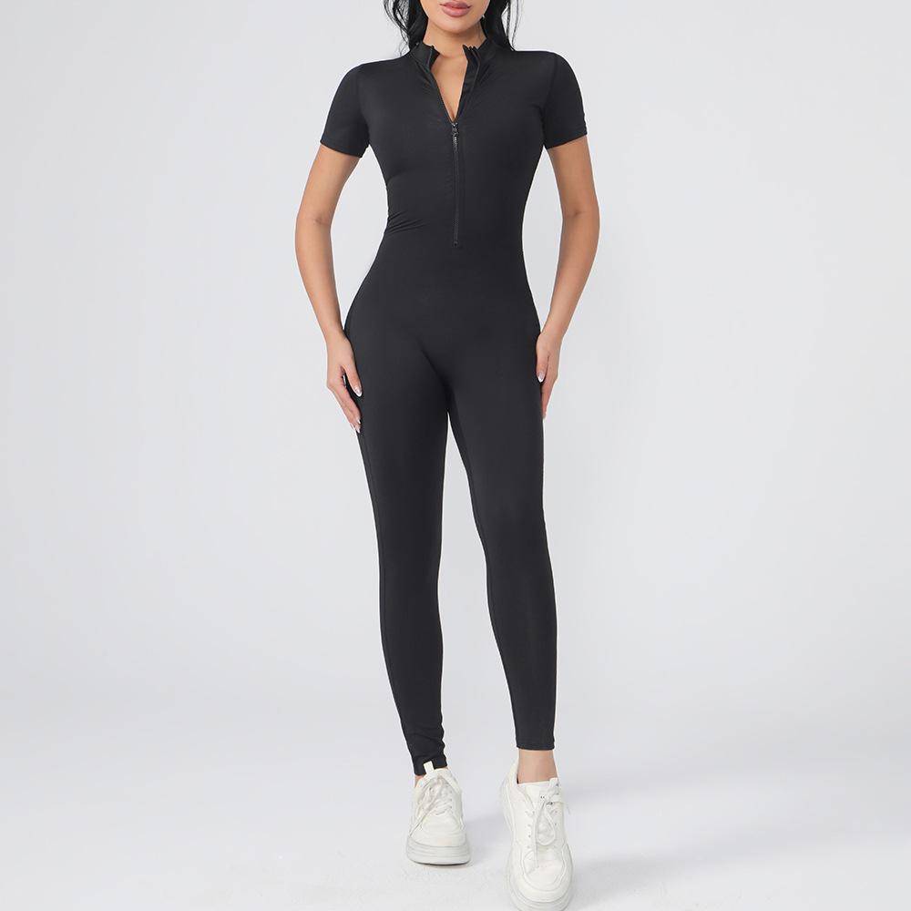 Лето осень короткий рукав Сборка Комбинезон для тренажерного зала Женский фитнес брюки Костюм Спортивные комбинезоны Женский спортивный костюм Одежда для йоги Молния Тренировка Спортивная одежда