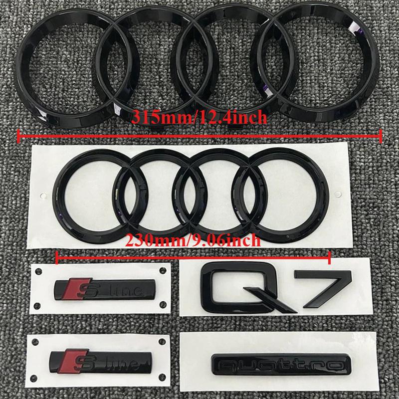 New1Pc 4Ring logo ABS Black Car Hood Front Grill Emblem Rear Trunk Badge Sticker 1P Q7 1P Quarrto 2P Sline For AUDI Q7 2016-2023