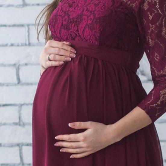 Платье для беременных женщин с кружевом, ажурной цветочной вышивкой, круглым вырезом, длинными рукавами, плиссированным макси-платьем для свадебной вечеринки, выпускного вечера, фотореквизита