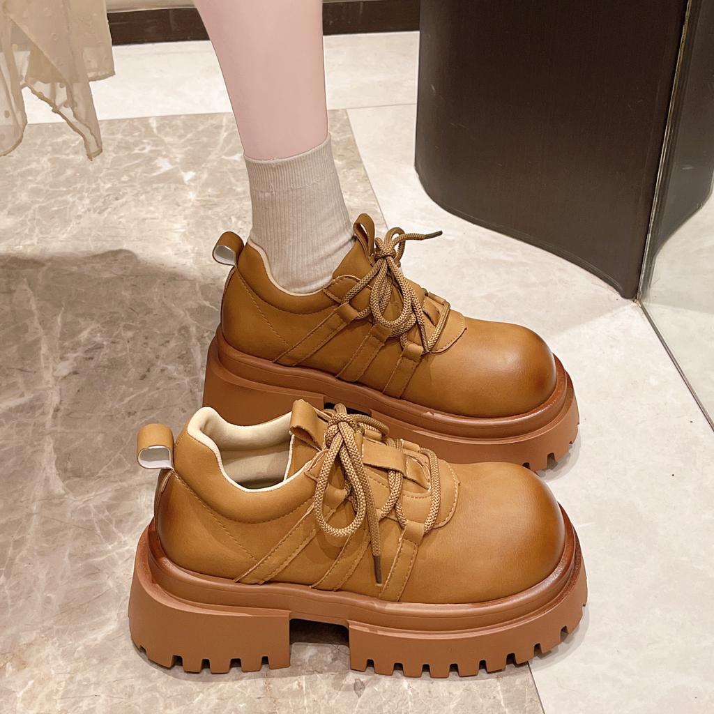 Мода 2024 Осенняя мода Новые женские однотонные повседневные туфли на шнуровке с круглым носком на высоком каблуке и низким верхом