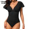 Charmleaks Sexy Deep V Neck Solid Color Flounce Backless Short Sleeve One Piece Swimwear for Women Bath Suit Monkini