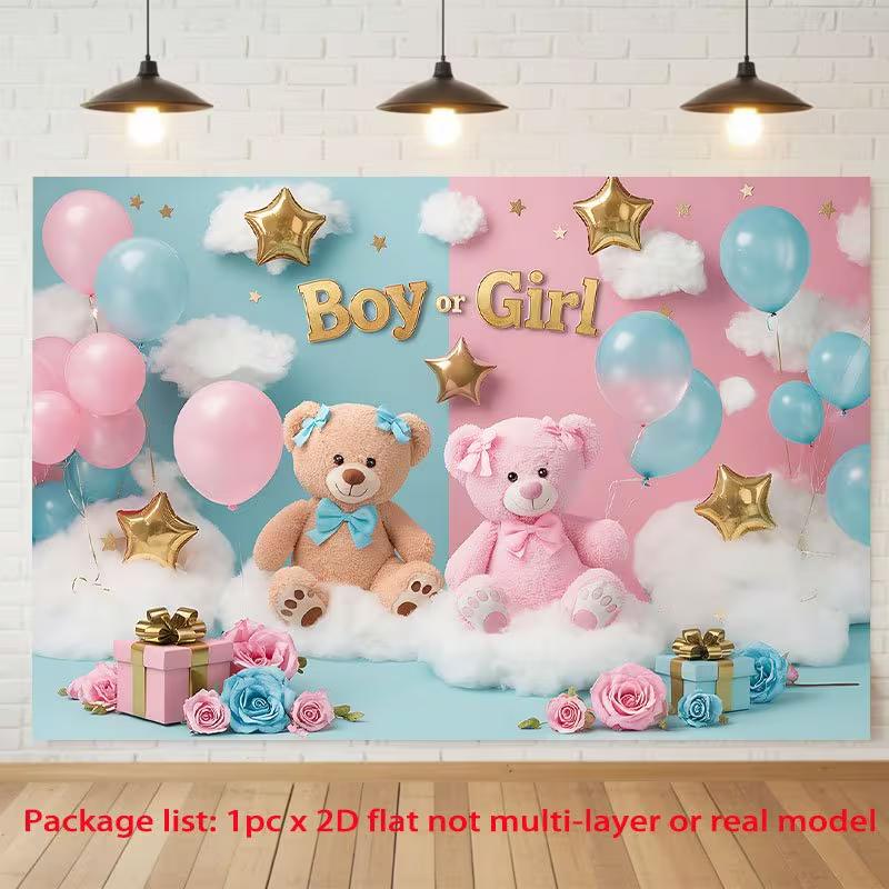 2D Blue Pink Teddy Bear Baby Shower Backdrop, Gender Reveal Photo Background