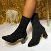 Fashion Women Spring Autumn Black Sock Boots Knitted Elastic Women's Chunky High Heels Short Boots Pointed Toe Botines Large Size 35-42