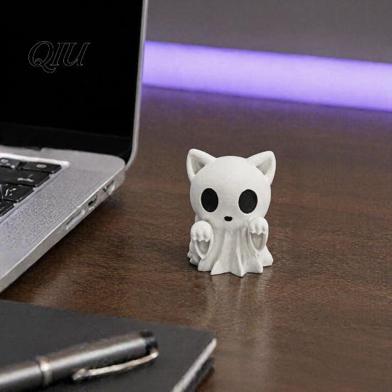 Desktop Miniature Statue Halloween Ghost Cat Statue, 3D Printed Ornament, White Gothic Home Accessory Cute Figurine for Office Desk Decoration