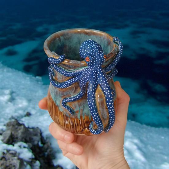 Octopus Coffee Mug 3D Sea Turtles Mermaids Whales Dolphin Water Cup for Sea Lovers Handmade Ocean Creature Statue Cup Gifts for Ocean Enthusiasts