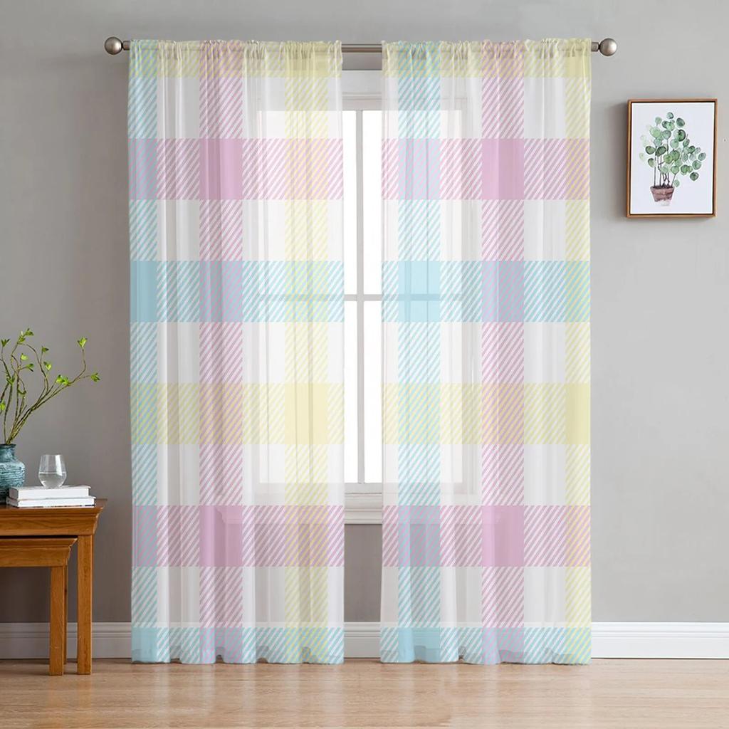 Black Grey Plaid Tulle Curtains For Living Room Bedroom Modern Chiffon Sheer Kitchen Curtains